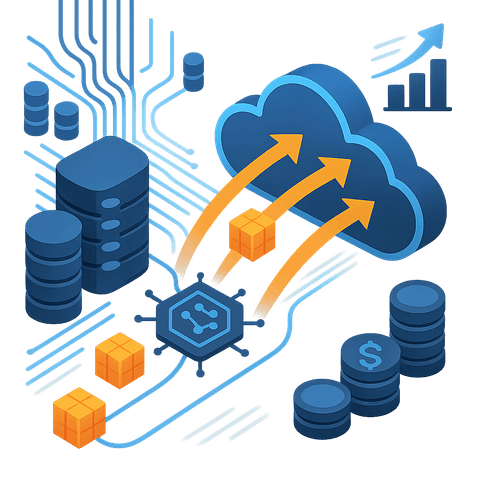 Isometric illustration of databases and containers flowing into a cloud platform beside stacked coins and a rising bar chart