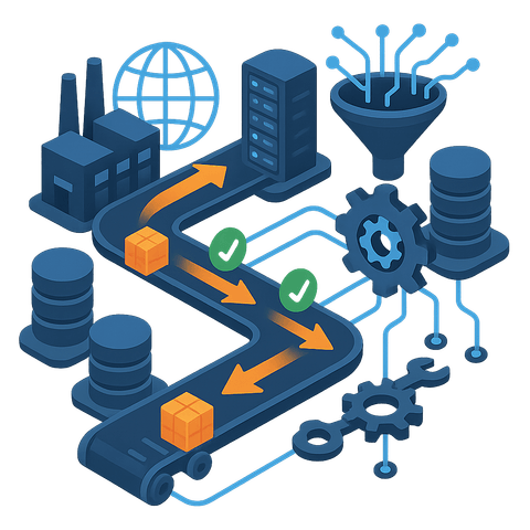 Isometric illustration of a conveyor pipeline carrying data from a factory and a server rack through gears and validation checks