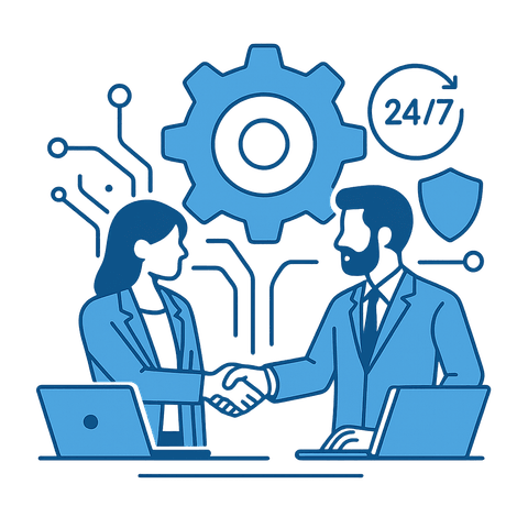 Isometric illustration of two engineers shaking hands over their laptops, with a 24/7 clock and a shield behind them