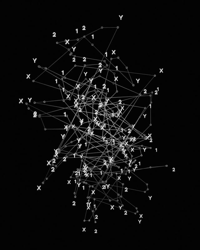Scatter of data points labelled X, Y, 1 and 2, wired together into a dense network graph
