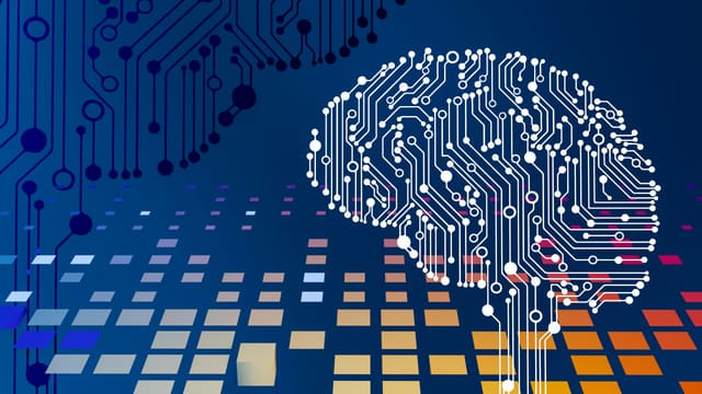 A brain drawn as a circuit board, rising above a grid of coloured tiles